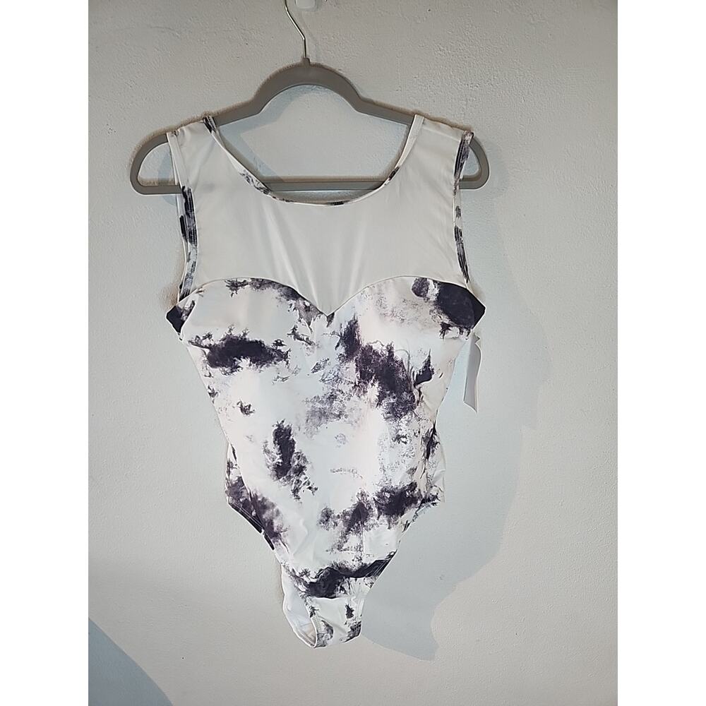 Meet Curve Swimsuit White Black XL One Piece White Sheer Open Back Padded Bra
